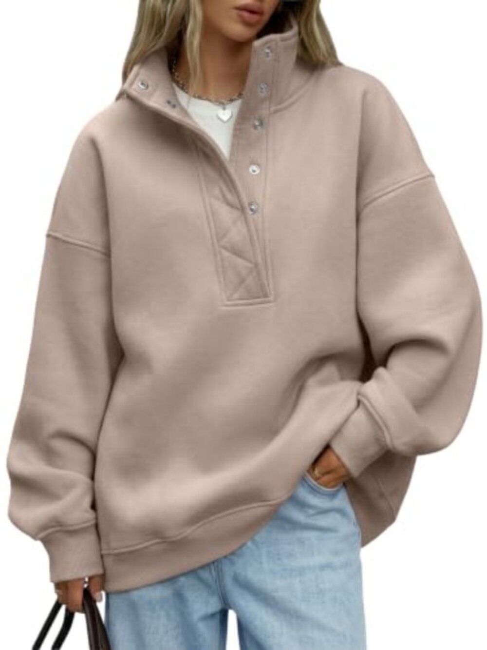 Oversized Henley Snap Collar Sweatshirt Cotton Polyester Cozy Pullover